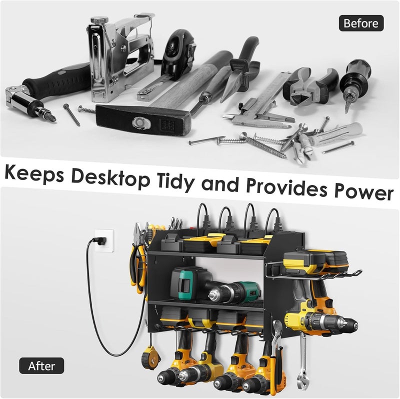 CCCEI Modular Power Tool Organizer Wall Mount Charging Station, Black 6 Drills Holder with 8 Plug Power Strip, Garage Drill Battery Heavy Duty Metal Shelf, Utility Rack with Hooks, Side Storage. - Image 4